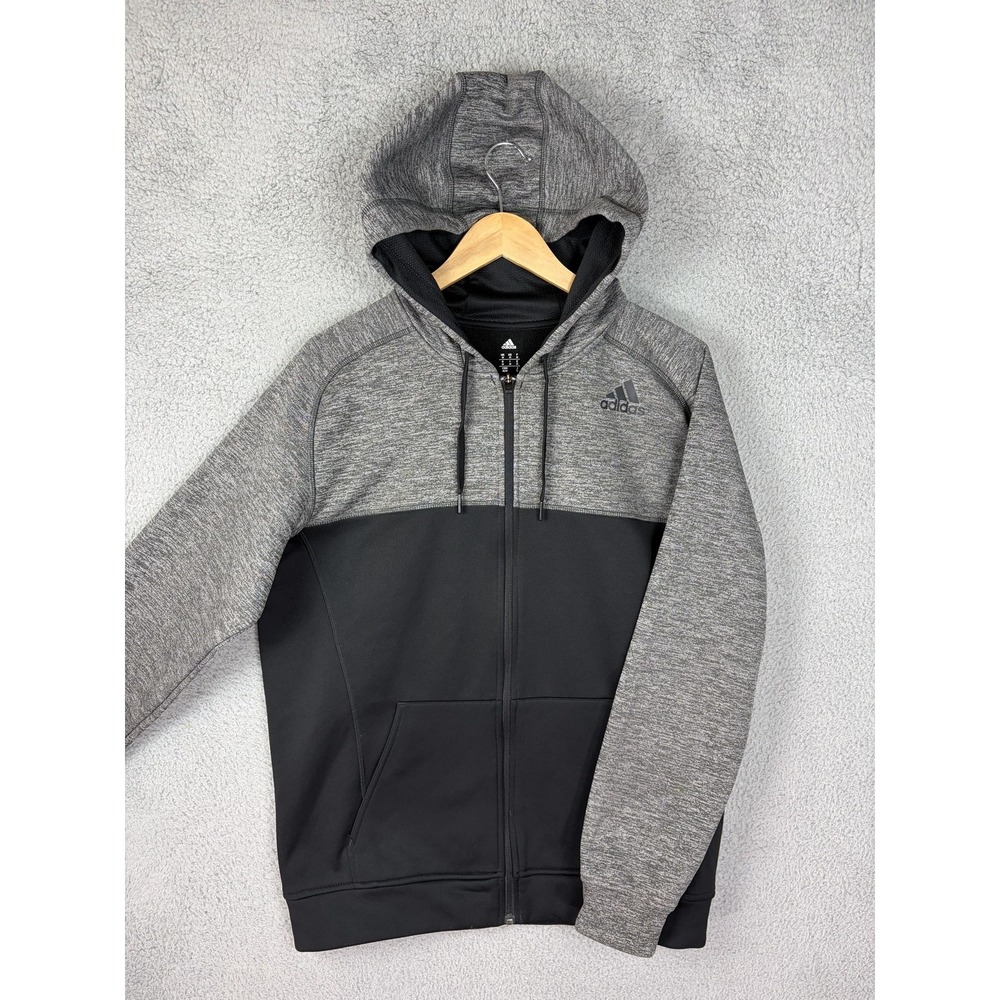 Adidas Hoodie Mens Medium Black Gray Climawarm Full Zip Fleece Jacket Mens